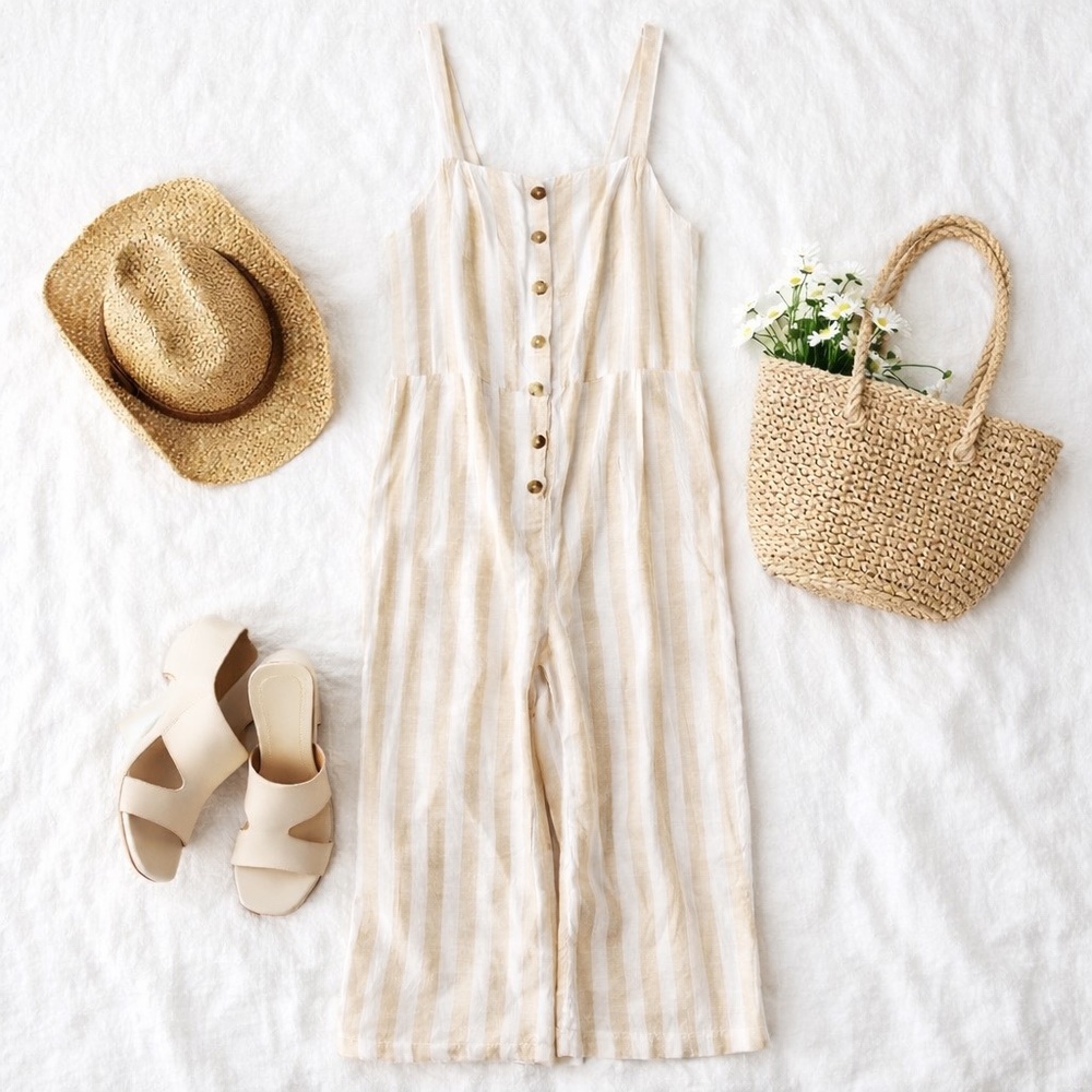 Striped Beige Linen Jumpsuit with Buttons